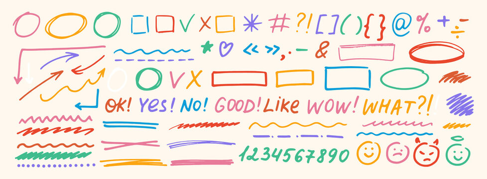 Marker hand drawn text symbols set. Underline, frames, arrows, brush elements. Hand sketched brush strokes, scribble forms, marks.
