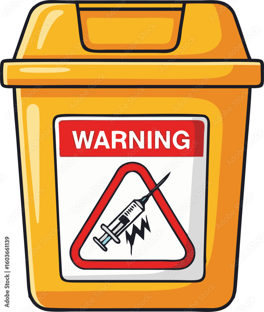 Cartoon Sharps Container with Warning Sign and Syringe Hazard Symbol ...