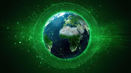 Poster - Business carbon credit. Digital globe surrounded by a network of lines and particles on a green background.