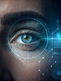 Close up of a human eye with futuristic digital interface and biometric scanning