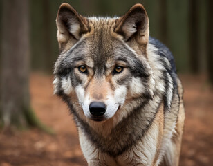  Generative AI illustration of an Iberian wolf of Spain. A European wolf with hazel eyes is looking at the camera. A natural background with text space. wolf in the zoo.