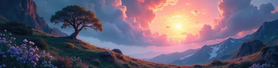 Wall Mural - Serene Night Landscape Ethereal Light, Spiritual Connection, Peaceful Stars