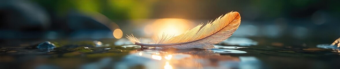 Wall Mural - Delicate Feather Floating on a Sunlit Stream Peaceful Summer Nature Scene