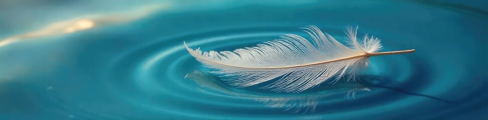 Wall Mural - Delicate Feather Floating on Tranquil Blue Water Sunlight Illuminates Intricate Structure and Vibrant Colors, Mesmerizing Nature Photography
