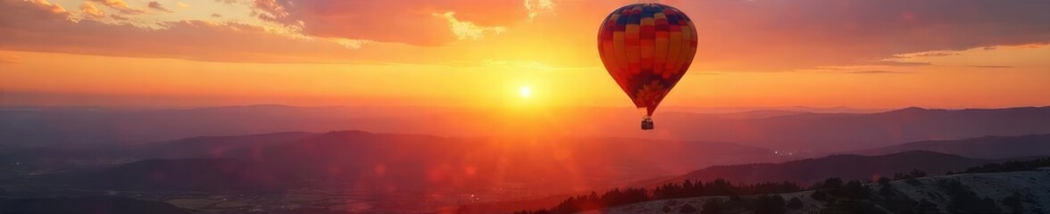 Wall Mural - Hot Air Balloon Sunrise Ascent Graceful Flight Over Majestic Landscape