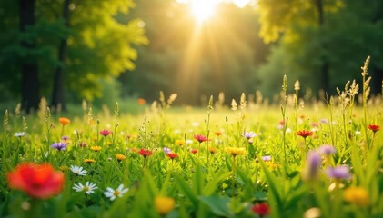 Wall Mural - Vibrant Wildflower Meadow Perfect for Family Picnics and Peaceful Outdoor Relaxation. Sunlight Dapples through Tall Grasses, Creating a Serene Idyllic Scene.