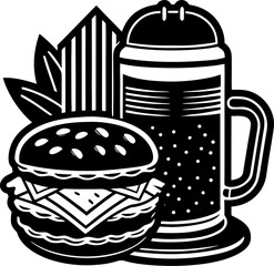 Poster - Stylized Black and White Illustration Featuring a Burger, Beer Stein, and Fries or Other Fried Food Product, Classic American Meal