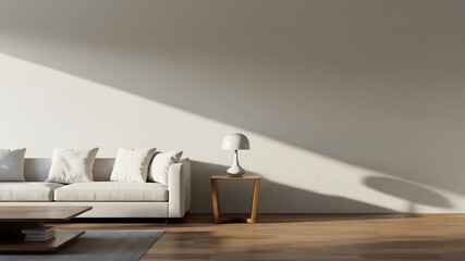 Poster - Interior scene featuring a modern white sofa, table, and lamp with natural light.