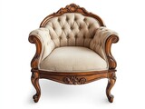Elegant antique upholstered armchair with ornate carved wooden frame and button tufting