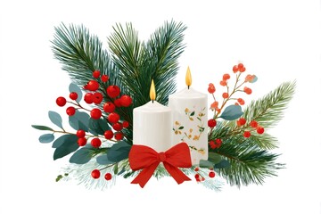 Wall Mural - christmas centerpiece with two burning candles, red berries and pine branches