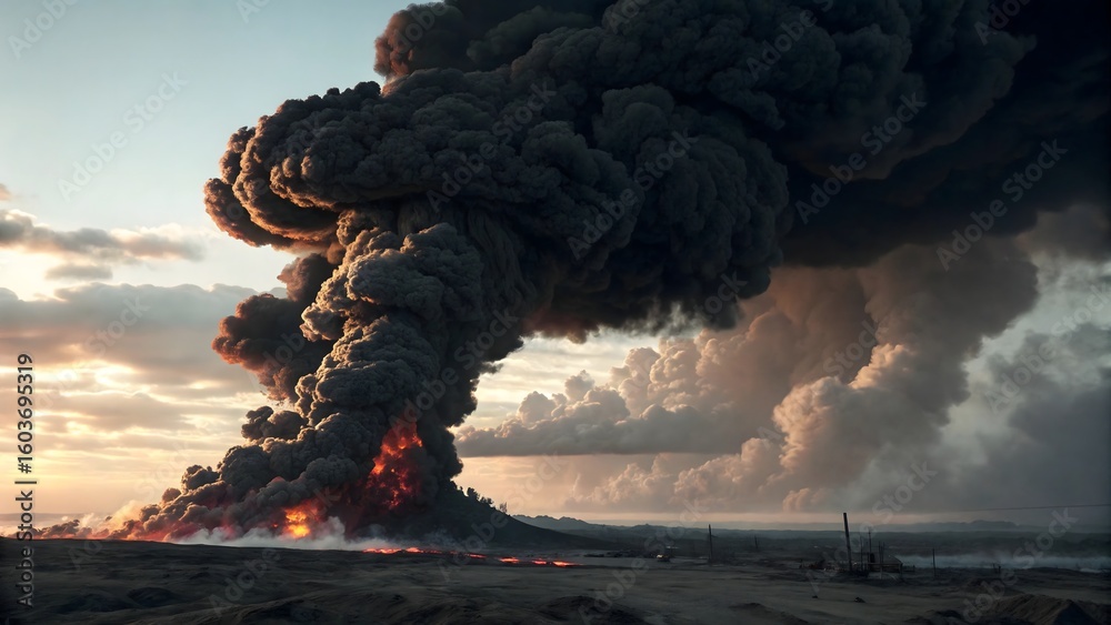 Massive Industrial Fire With Thick Smoke Rising Over Open Field Stock ...