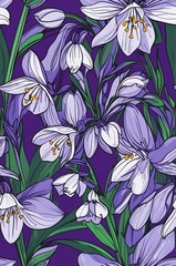Wall Mural - Bluebells on purple background cartoonish seamless pattern