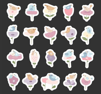 Bird flower character set in scandinavian style with charming animal and decorative floral elements for natural botanical artwork and creative themed design projects