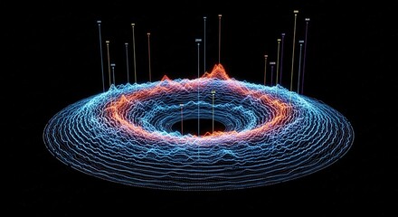 Fototapete - Abstract digital vortex with fiery core and glowing blue energy waves on black background