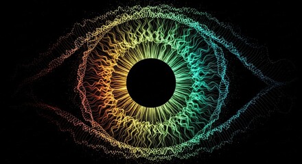 Poster - Vibrant abstract rainbow iris of an eye glowing with intricate detail on a dark background