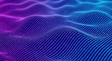 Fototapete - Abstract digital landscape of wavy lines and particles in gradient blue and purple lighting