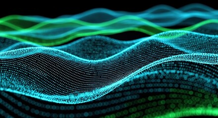 Fototapete - Abstract digital waveform of glowing blue and green particles creating a futuristic landscape