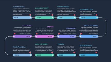 Poster - Timeline infographic template with 12 elements and arrows guiding the progression, vector eps10 illustration