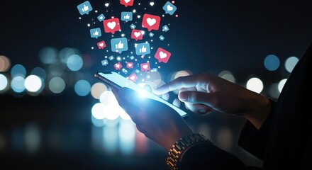 Poster - Hands holding a smartphone with social media icons erupting from the screen in a vibrant digital display