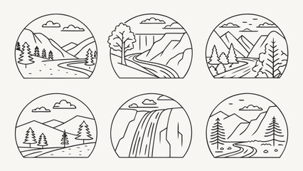Aufkleber - Collection of six outlined landscape scenes featuring mountains, trees, rivers, and a waterfall in circles created with generated ai