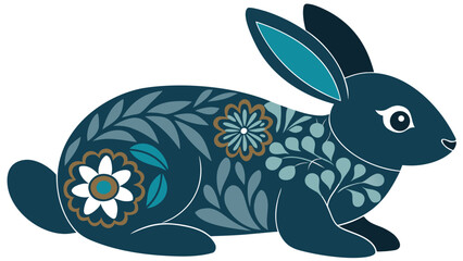 Poster - Stylized rabbit illustration with floral and leaf patterns in shades of blue and brown colors design created with generated ai