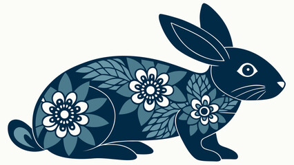 Aufkleber - Illustration of a dark blue rabbit decorated with floral patterns on a white background art design created with generated ai