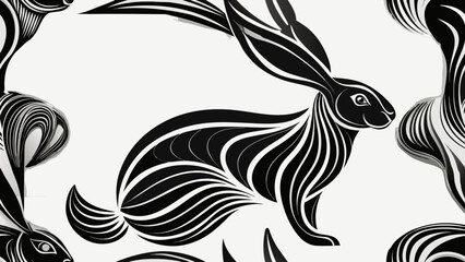 Aufkleber - A monochrome illustration of stylized rabbits with bold black and white stripes pattern design created with generated ai