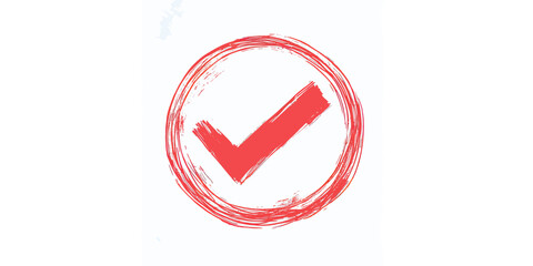 Poster - Hand drawn red check mark inside rough circular outline sketch, doodle style vector icon for approval confirmation or selection symbol emphasis mark