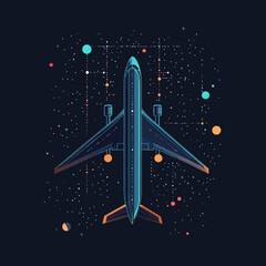 Poster - Top view airliner aircraft flying through stylized starry sky with planets and cosmic elements in futuristic space concept vector illustration