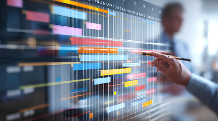 Poster - Project management and workflow scheduling interface. A business professional analyzing Gantt charts, tracking progress, and managing task execution through a digital strategy dashboard.