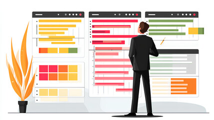 Poster - Project management and workflow scheduling interface. A business professional analyzing Gantt charts, tracking progress, and managing task execution through a digital strategy dashboard.