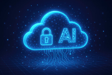 Poster - Glowing blue digital cloud with lock and AI symbol artificial intelligence security