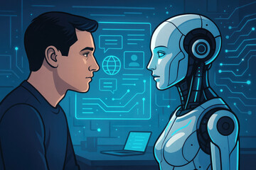 Poster - Human and android face to face in digital interface robot