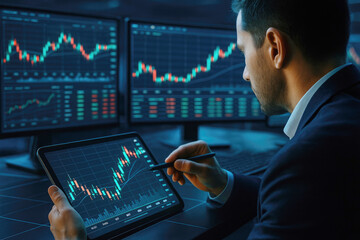 Poster - Man analyzing financial charts on tablet and monitors image