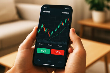 Poster - Person holding smartphone displaying stock market chart with buy and sell buttons
