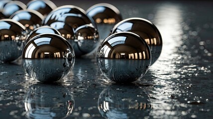 Poster - Reflective metal spheres scattered on a wet surface creating a mirrored effect and water droplets