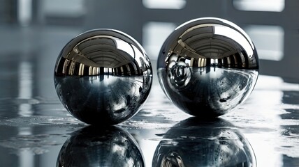 Poster - Two chrome spheres reflecting a bright room sitting on a reflective surface close to each other