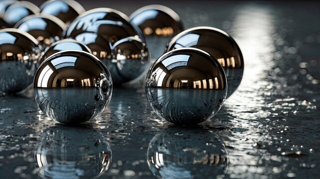 Reflective metal spheres scattered on a wet surface creating a mirrored effect and water droplets