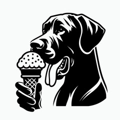 Fototapete - Great Dane Dog eat ice cream. Retro Cartoon Clipart Silhouette Stock Vector Line Art Illustration. Large hound enjoys frozen dairy dessert canine treat during summer.
