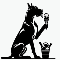 Fototapete - Great Dane Dog eat ice cream. Retro Cartoon Clipart Silhouette Stock Vector Line Art Illustration. Big hound pet enjoy frozen dessert treat during warm weather days.