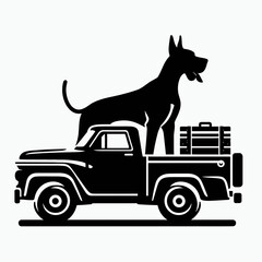 Fototapete - Great Dane Dog drive retro truck. Cartoon Clipart Silhouette Stock Vector Line Art Illustration. Large canine travel in vintage pickup auto.