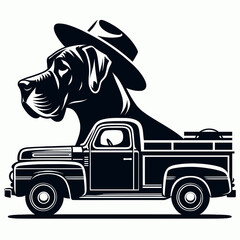Fototapete - Great Dane Dog drive retro truck. Cartoon Clipart Silhouette Stock Vector Line Art Illustration. Huge canine piloting a vintage pickup big hound in classic auto.