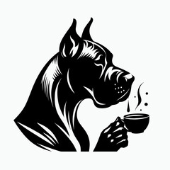 Fototapete - Great Dane Dog Drinking tea. Retro Cartoon Clipart Silhouette Stock Vector Line Art Illustration. Enormous canine sipping warm brew a big enjoying beverage time.