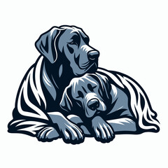 Fototapete - Great Dane Dog Cuddling under a blanket. Retro Cartoon Clipart Silhouette Stock Vector Line Art Illustration. Huge canine affection cover warm cozy relaxing moment with pet.