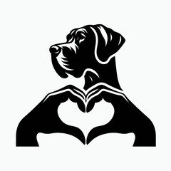Fototapete - Great Dane Dog Curve hands inward to make a heart gesture. Retro Cartoon Clipart Silhouette Stock Vector Line Art Illustration. Giant canine form fingers creating affection symbol shape.