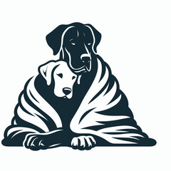 Fototapete - Great Dane Dog Cuddling under a blanket. Retro Cartoon Clipart Silhouette Stock Vector Line Art Illustration. Huge canine napping beneath cover large hound animal snug and cozy.