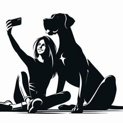 Fototapete - Great Dane Dog Couple Selfie. Retro Cartoon Clipart Silhouette Stock Vector Line Art Illustration. Large hound pair photograph lovable canine duo mobile snapshot pet romance pose.