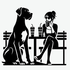 Fototapete - Great Dane Dog Casual Coffee Date. Retro Cartoon Clipart Silhouette Stock Vector Line Art Illustration. Enormous canine meeting at java a laid-back puppy social gathering.