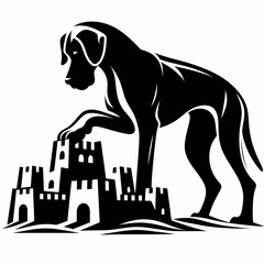 Fototapete - Great Dane Dog Building a sandcastle. Retro Cartoon Clipart Silhouette Stock Vector Line Art Illustration. Large canine making beach fort fun vacation activity with hound.