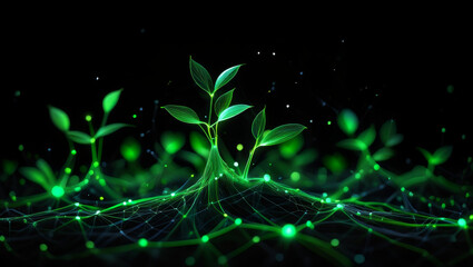Fototapete - Plants thrive in a digital landscape with glowing nodes and connections, highlighting nature and technology interaction